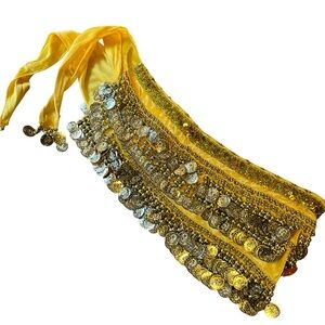 Yellow velvet and gold coin hip scarf belly dance festival NWT